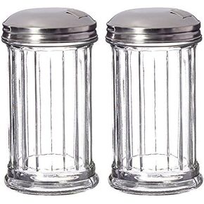 Set of 2 Multi-Purpose Spice Seasoning Grated Cheese Shaker Retro Dispenser, Glass Jar, Perforated Stainless Steel Lid 12 OZ Each (Perforated Lid)