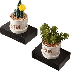 Small Floating Shelves 5.5 inches - Set of 2 Natural Oak Wall Mounted Wood Shelves Mini Display Wall Shelves for Living Room Bedroom Bathroom Decor Plant Shelf, Black