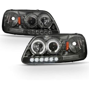 ACANII - For 1997-2003 Ford F150 1997-2002 Expedition Black LED Dual Halo Ring Projector Headlights Headlamps Left+Right