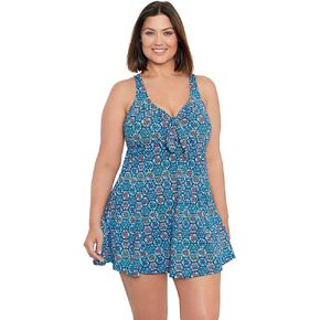 Penbrooke Shape Solver Women's Plus Tile Play Bow Front Soft Cup One Piece Swimdress