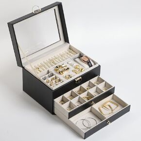 منظم مجوهرات 3 طبقات بغطاء زجاجي، لتخزين المجوهرات، صندوق مجوهرات، للمجوهرات الكبيرة والصغيرة، طراز عصري، ذهبي وأسود in Kuwait