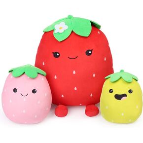 BenBen Strawberry Plush Toy, Set of 3, 12'', 7'' and 6'', Squishy Fruit Stuffed Plushies, Soft Hugging Cushion, Plush Pillow for Girls, Home Decorations, Easter Gifts