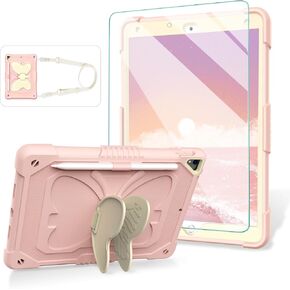 for iPad 9th Generation Case 10.2 inch for Kids Girls with Screen Protector, Butterfly Kickstand, Shoulder Strap, Pencil Holder Rugged Cover for iPad 9th 8th 7th Gen 2021 2020 2019, Purple