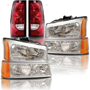 Headlight Assembly Black Housing Amber Corner Compatible with 2003-2006 Chevrolet Silverado 1500 2500 3500 Headlamp + Red Taillight Pair