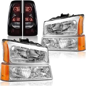 Headlight Assembly Black Housing Amber Corner Compatible with 2003-2006 Chevrolet Silverado 1500 2500 3500 Headlamp + Red Taillight Pair