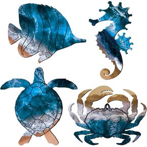 Qunclay Summer Coastal Wall Decor Beach Wall Art Decor Sea Turtle Seahorse Crabs Fish Wood Ocean Beach Themed Hanging Decor(Vivid)