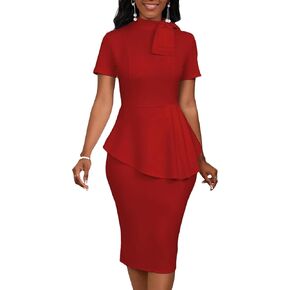 Women's Fashion Peplum Bodycon Short Sleeve Work Dresses Bow Club Ruffle Pencil Formal Cocktail Dress
