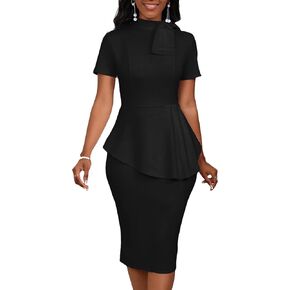 Women's Fashion Peplum Bodycon Short Sleeve Work Dresses Bow Club Ruffle Pencil Formal Cocktail Dress