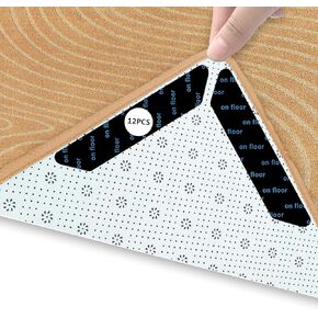 12 PCS Rug Gripper for Hardwood & Tile Floors, Carpet Tape Double Sided, Traceless Rug Tape, Non Slip Rug Pads Grips, Washable Carpet Corner Grippers, Reusable Area Rugs Stickers, Black