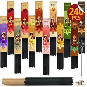Incense Sticks,Rose Incense Sticks,Lotus, Lemon, Lavanda Pine, Sandalo,Dragons Blood,White Sage,Agarwood,Patchouli,Myrrh,Amber Insense Sticks, Natural & Slow Burning Inscents -Set of 12-240 Sticks