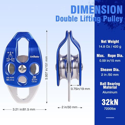 100Ft x 1/2'' 7700 LB(35KN) Breaking Strength Rope Pulley, 4:1 Lifting Power Double Block and Tackle for Garage, Attic Heavy Lifting in Kuwait