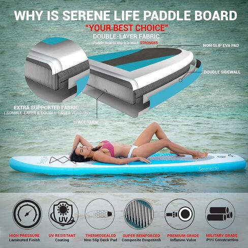 SereneLife Stand up Paddle Board Inflatable - Non-Slip SUP Paddle Board Paddle, Pump, Leash, and Accessories - Fun Water inflatable paddle board for Adults and Youth with Wide Stable Design in Saudi Arabia