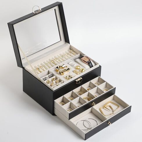منظم مجوهرات 3 طبقات بغطاء زجاجي، لتخزين المجوهرات، صندوق مجوهرات، للمجوهرات الكبيرة والصغيرة، طراز عصري، ذهبي وأسود in Kuwait