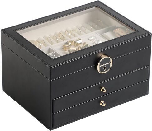 منظم مجوهرات 3 طبقات بغطاء زجاجي، لتخزين المجوهرات، صندوق مجوهرات، للمجوهرات الكبيرة والصغيرة، طراز عصري، ذهبي وأسود in Kuwait