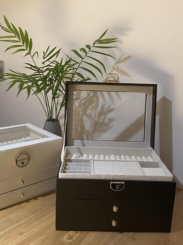 منظم مجوهرات 3 طبقات بغطاء زجاجي، لتخزين المجوهرات، صندوق مجوهرات، للمجوهرات الكبيرة والصغيرة، طراز عصري، ذهبي وأسود in Kuwait