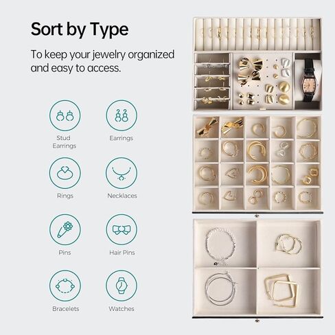 منظم مجوهرات 3 طبقات بغطاء زجاجي، لتخزين المجوهرات، صندوق مجوهرات، للمجوهرات الكبيرة والصغيرة، طراز عصري، ذهبي وأسود in Kuwait