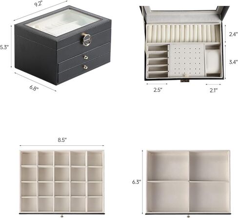 منظم مجوهرات 3 طبقات بغطاء زجاجي، لتخزين المجوهرات، صندوق مجوهرات، للمجوهرات الكبيرة والصغيرة، طراز عصري، ذهبي وأسود in Kuwait