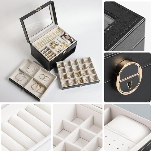 منظم مجوهرات 3 طبقات بغطاء زجاجي، لتخزين المجوهرات، صندوق مجوهرات، للمجوهرات الكبيرة والصغيرة، طراز عصري، ذهبي وأسود in Kuwait