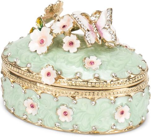 Cottage Garden Hand Painted Metal Enamel Hinged Trinket Box Ornamental Mini Jewelry Ring Earring Organizer Vintage Figurine Keepsake Box with Bejeweled Crystals, Floral Green Victorian Butterfly in Saudi Arabia