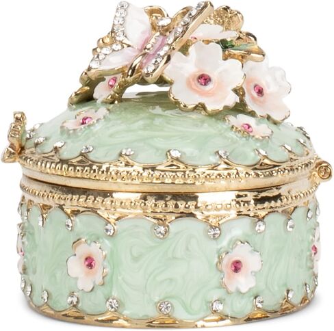 Cottage Garden Hand Painted Metal Enamel Hinged Trinket Box Ornamental Mini Jewelry Ring Earring Organizer Vintage Figurine Keepsake Box with Bejeweled Crystals, Floral Green Victorian Butterfly in Saudi Arabia
