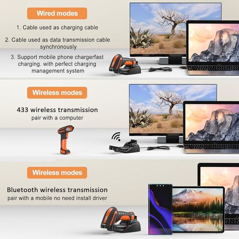 ماسح باركود بلوتوث لاسلكي ثنائي الأبعاد من Symcode مع حامل، اتصال سلكي 3 في 1 بلوتوث و2.4 جيجا هرتز لاسلكي وUSB، مقاوم للغبار الصناعي ومقاوم للماء، قارئ رمز شريطي لصورة QR مع تنبيه بالاهتزاز in Kuwait