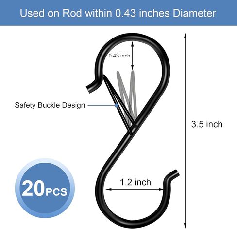 6 Pack S Hooks for Hanging, 3.5 inch Safety Buckle Design Heavy Duty Metal Black S Hooks for Hanging Plants, Pots, Pans, Cups, Clothes, Towels, Bags in Kitchen, Bathroom, Closet, Garden in Saudi Arabia