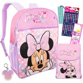 Minnie Mouse Backpack with Lunch Box for Girls 9 Pc ~ 5 Pc Bundle With Deluxe 16" Minnie Backpack, Lunch Bag, Water Bottle, and More (Minnie Mouse School Supplies)