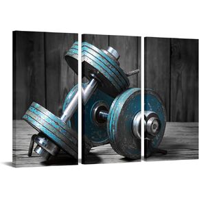 YeiLnm 3 Panels Gym Canvas Wall Ar Modular Dumbbells Picture Print Body Building Weight Lifting Training Poster Painting Boys Men Bedroom Artwork Sportsman Gifts Decoration Framed Ready to Hang