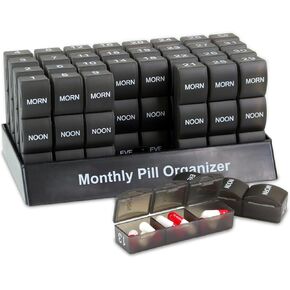 Month Pill Box Organizer - 32 Compartments | Morning-Noon-Night - 30 Day Pill Case with 32 Daily Compartments for Vitamins, Supplements, Medication - Travel Monthly Pill Organizer 3 Times-a-Day, Black