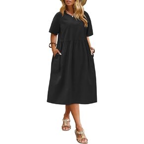 IN'VOLAND Plus Size Cotton Linen Dresses for Women Short Sleeve Summer Midi Dress with Pockets in Kuwait