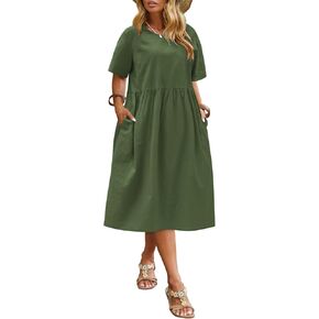 IN'VOLAND Plus Size Cotton Linen Dresses for Women Short Sleeve Summer Midi Dress with Pockets