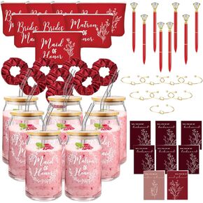 Irenare 48 Pcs Bridesmaid Proposal Gifts Maid of Honor Gifts Bridal Shower 16oz Glass Cups Cosmetic Makeup Bags Invited Cards Scrunchies Hair Knotted Bracelets Diamond Pens (Black)