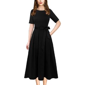 VFSHOW Womens Elegant Patchwork Pockets Pleated Work Office Business Casual Party Belted A-Line Midi Dress