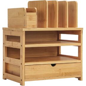 Homde Bamboo Desk Organizer with Drawer and File Holder, Office Organizers for Desk with Adjustable Pen Holder, Desktop Letter Paper Tray Storage for Office Home School (Black, M)