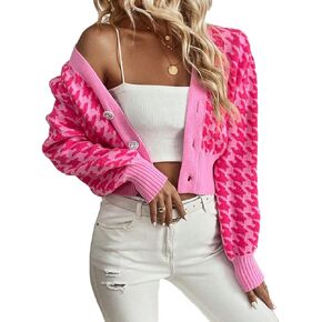 Women Houndstooth Print Button Down Crop Sweater Cardigan Lantern Sleeve V Neck Drop Shoulder Casual Crop Bolero