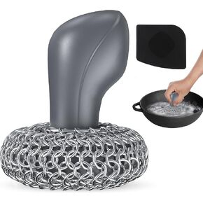 Cast Iron Scrubber | Dish Scrub Brush | 316 Cast Iron Cleaner Chainmail Scrubber for Cast Iron Pan Skillet Cleaner - Dish Scouring Pad Dishwasher Safe Cleaning Kit, Black 02