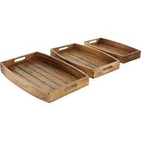Deco 79 Mango Wood Living Room Decor Tray Ottoman Tray with Slot Handles, Set of 3 Serving Tray 14", 16", 19"W, Light Brown