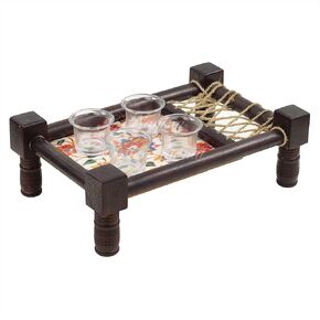 Traditional Decorative Asian Cot Tray for Snacks & Drinks | North Indian Decorative Wooden Coat Decor Accent (Floral Red) in Kuwait