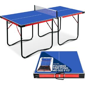 SereneLife Midsize Portable Ping Pong Table Set with Net, Clipper, Post - 6’ x 3’ Foldable Space-Saving Design, Blue
