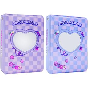 2 Pack Mini Photo Album 40 Pockets, 3 Inch Kpop Photocard Holder Book Small Photocard Binder Photo Card Binder Love Heart Hollow Picture Album for Photo Cards Picture Purple Plaid Pink Blue