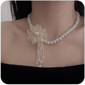 Pearl Flower Choker Necklace For Women,Trendy Handmade Floral Collar Pearl Neck Chain Jewelry Necklace For Party Prom Wedding