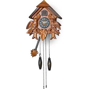 TIMEGEAR Cuckoo Clock with Night Mode, Quartz Movement and Wooden Decorations (Brown)