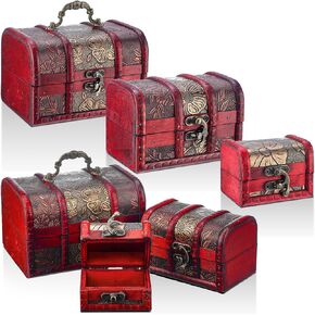 6 Pcs 3 Styles Pattern Wooden Treasure Chest Trinket Box with Mini Metal Lock Little Handmade Box Decorative Storage Boxes for Storing Jewelry Treasure Pearl