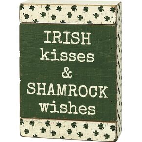 Primitives by Kathy Irish Kisses & Shamrock Wishes Box Sign, 5 inches x 7 inches x 1.75 inches, Green