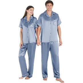 AW BRIDAL Couples Matching Pajamas Sets, His and Hers Pajamas Sets Short Sleeve Sleepwear Silk Pajamas for Women Men, Engagement Newlywed Honeymoon Anniversary Wedding Gifts for Couple, Black, L&XL