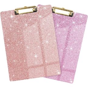 WAVEYU 2 Pack Acrylic Clipboards, Glitter Clipboards for Women Men, Stardard Letter Size Clipboards with Low Profile Gold Clip Designed for Classroom School Office Use, 12.5" x 9", Black+Gold