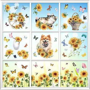 9 Sheets Spring Sunflower Window Clings Cute Cats Dogs Window Decals Flower Butterfly Window Stickers for Glass Windows Double-Side Summer Window Decor for Home Office School Classroom Party Supplies