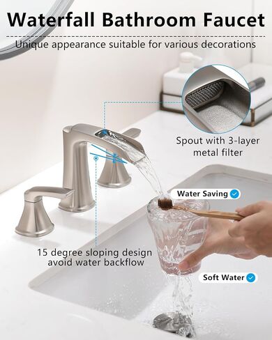Fapully Brushed Nickel Bathroom Faucet 3 Hole, Waterfall 8 Inch Widespread Bathroom Sink Faucet with Pop-up Drain, Two-Handle Faucet for Bathroom Sink in Saudi Arabia