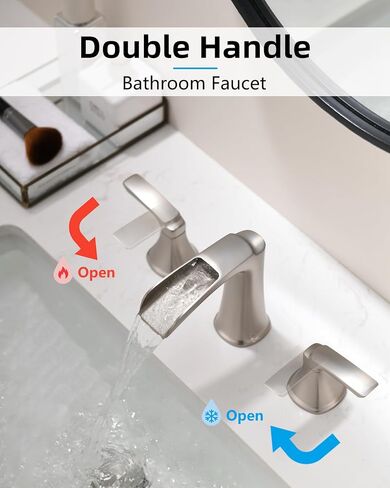 Fapully Brushed Nickel Bathroom Faucet 3 Hole, Waterfall 8 Inch Widespread Bathroom Sink Faucet with Pop-up Drain, Two-Handle Faucet for Bathroom Sink in Saudi Arabia