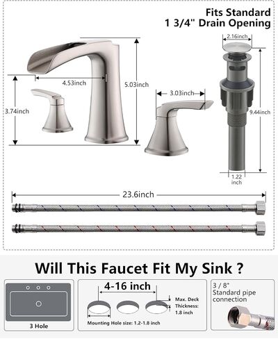 Fapully Brushed Nickel Bathroom Faucet 3 Hole, Waterfall 8 Inch Widespread Bathroom Sink Faucet with Pop-up Drain, Two-Handle Faucet for Bathroom Sink in Saudi Arabia
